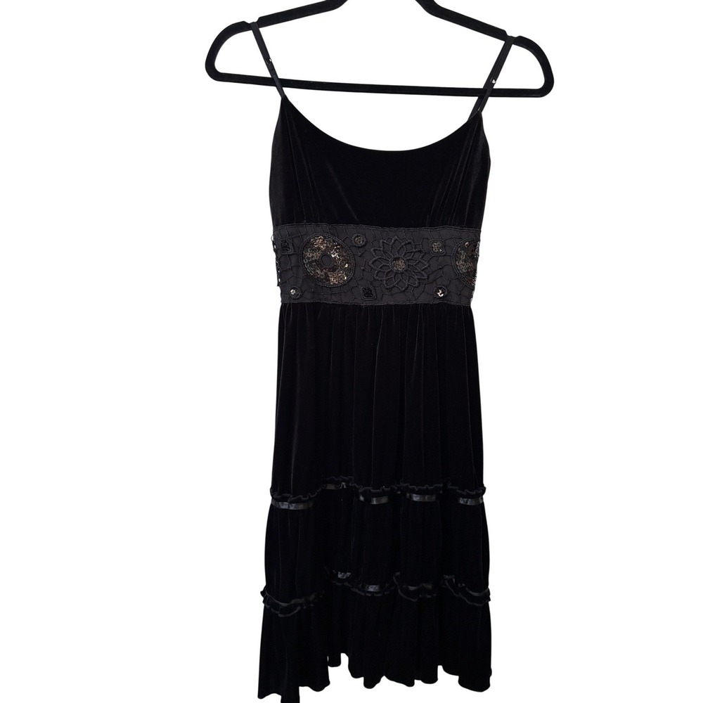 Y2K Costa Blanca Black Velvet Sequin Lace Empire Waist Tiered Ruffle Dress Women